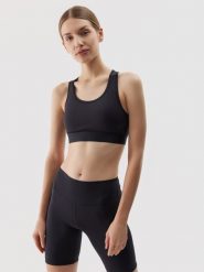 4F Biustonosz treningowy z niskim wsparciem z materiału z recyklingu damski - czarny S. Czarne biustonosze sportowe damskie 4f, bez wzorów, z dzianiny. W wyprzedaży za 59.99 zł.