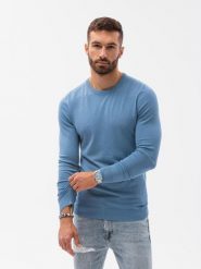 Sweter męski klasyczny z wiskozą BASIC z okrągłym dekoltem – błękitny V10 - Rozmiar: XL. Niebieskie swetry męskie Ombre Clothing, m, bez wzorów, z wiskozy, bez kołnierzyka. W wyprzedaży za 89.99 zł.