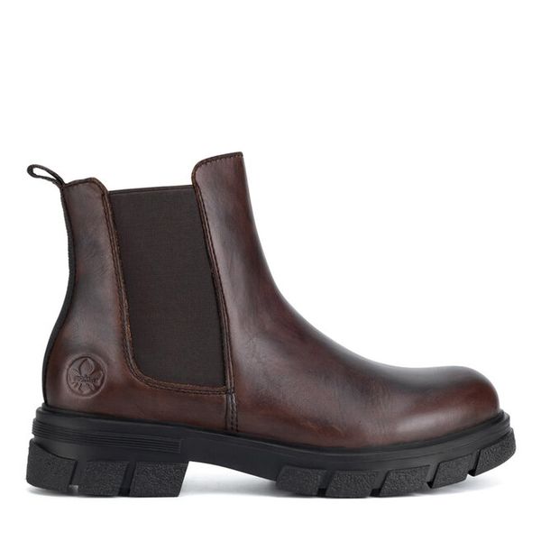 Botki Rieker. Brązowe botki damskie Rieker, bez obcasa, na płaskiej podeszwie, bez zapięcia. Za 419.99 zł.