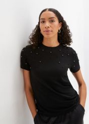 T-shirt z aplikacją z perełek. Czarne t-shirty damskie bonprix, z aplikacjami, bez kołnierzyka. Za 84.99 zł.