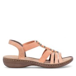 Sandały Rieker. Brązowe sandały damskie Rieker, bez wzorów, bez obcasa, na płaskiej podeszwie. Za 289.99 zł.