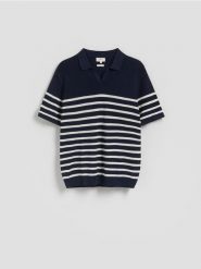 Koszulka polo z dodatkiem lnu - granatowy. Niebieskie koszulki polo męskie Reserved, l, bez wzorów, z dzianiny, bez ramiączek. Za 159.99 zł.