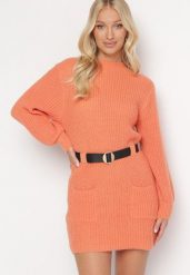 Pomarańczowa Dzianinowa Sukienka Mini w Prążki z Paskiem Milane. Brązowe sukienki damskie Born2be, na zimę, bez wzorów, z dzianiny, bez kołnierzyka, bez ramiączek, mini. W wyprzedaży za 79.99 zł.