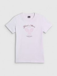 4F T-shirt regular z nadrukiem damski - biały XS. Białe t-shirty damskie 4f, xs, bez wzorów, z bawełny, bez kołnierzyka. Za 59.99 zł.