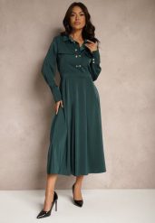 Zielona Koszulowa Sukienka o Rozkloszowanym Kroju z Gumką w Pasie i Imitacją Kieszeni Etaviela. Zielone sukienki damskie Renee, na co dzień, l, bez wzorów, eleganckie, bez kołnierzyka, bez ramiączek, kopertowe. W wyprzedaży za 151.99 zł.