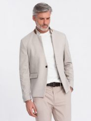 Melanżowa męska marynarka z dodatkiem rayonu ze stójką – beżowy melanż V3 OM-BLZB-0131 - XXL. Brązowe marynarki męskie Ombre Clothing, bez wzorów, z materiału. Za 257.99 zł.