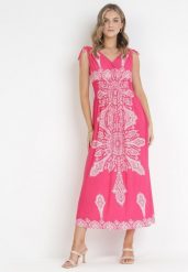 Fuksjowa Sukienka w Stylu Boho z Gumką w Talii i Sznurkami przy Ramionach Niree. Czerwone sukienki damskie Born2be, na imprezę, l, bez wzorów, boho, bez kołnierzyka, bez ramiączek, maxi. W wyprzedaży za 63.99 zł.