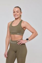 Biustonosz sportowy Elite Crossback o wysokim wsparciu – khaki. Zielone biustonosze sportowe damskie OOSC, bez wzorów, z materiału. Za 147.99 zł.