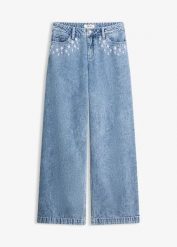 Jeansy wide leg, mid waist, z bawełny. Niebieskie jeansy damskie bonprix. Za 142.99 zł.