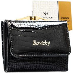 Mały, czarny portfel damski ze skóry naturalnej z systemem RFID - Rovicky. Czarne portfele damskie ROVICKY, bez wzorów, z lakierowanej skóry. Za 94.99 zł.