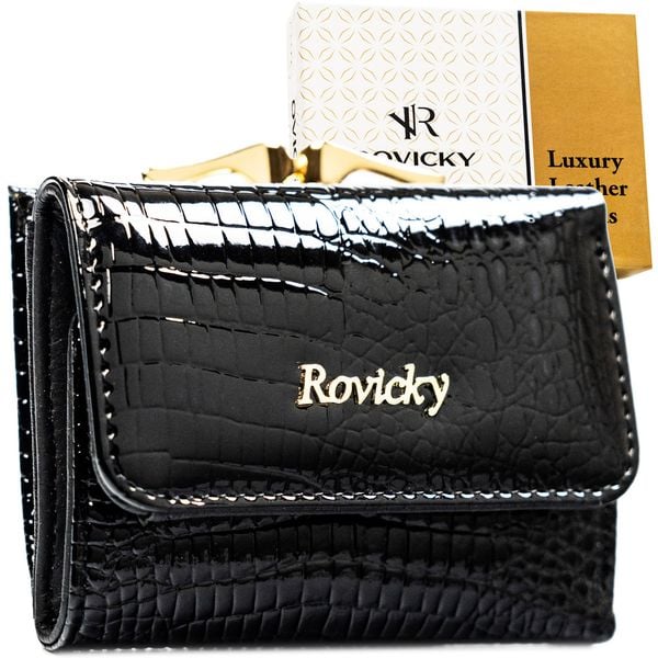 Mały, czarny portfel damski ze skóry naturalnej z systemem RFID - Rovicky. Czarne portfele damskie ROVICKY, bez wzorów, z lakierowanej skóry. Za 94.99 zł.