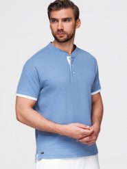 Koszulka męska polo bez kołnierzyka - niebieska V3 - Rozmiar: S. Niebieskie koszulki polo męskie Ombre Clothing, l, bez wzorów, z bawełny, bez ramiączek. Za 139.99 zł.