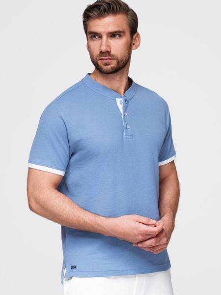 Koszulka męska polo bez kołnierzyka - niebieska V3 - Rozmiar: S. Niebieskie koszulki polo męskie Ombre Clothing, l, bez wzorów, z bawełny, bez ramiączek. Za 139.99 zł.