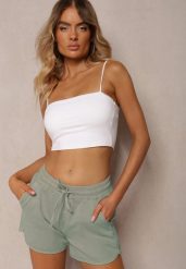 Zielone Luźne Szorty z Bawełny z Gumką w Talii Dezorea. Zielone szorty damskie Renee, bez wzorów, z bawełny, wizytowe, z podwyższonym stanem. Za 54.99 zł.