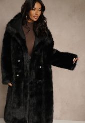 Czarny Dwurzędowy Płaszcz Futerko o Dwustronnym Kroju z Kołnierzem Nalaneva. Czarne płaszcze damskie Renee, l, bez wzorów, z futra, eleganckie. Za 449.99 zł.