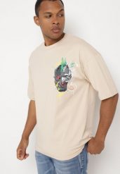 Beżowa Koszulka z Krótkim Rękawem T-Shirt z Nadrukiem z Przodu i na Plecach Franestia. Brązowe t-shirty męskie Born2be, l, bez wzorów, z jeansu, bez kołnierzyka. Za 54.99 zł.