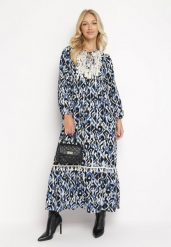 Granatowo-Niebieska Rozkloszowana Sukienka Maxi z Falbanką Tinamessa. Niebieskie sukienki damskie Born2be, l, bez wzorów, z materiału, bez kołnierzyka, bez ramiączek, maxi, rozkloszowane. W wyprzedaży za 119.99 zł.
