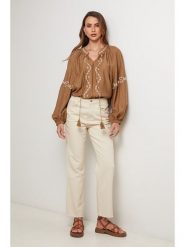 Lin Passion Bluzka w kolorze karmelowym rozmiar: 38/40. Brązowe bluzki damskie Lin Passion, bez wzorów, z wiskozy, klasyczne, bez kołnierzyka, bez ramiączek. Za 108.99 zł.