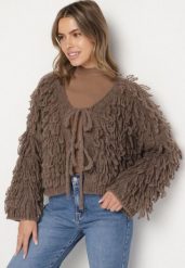 Jasnobrązowy Wiązany Kardigan z Dodatkiem Wełny i Wiskozy Zdobiony Frędzlami Tiravea. Brązowe kardigany damskie Born2be, z aplikacjami, z jeansu. Za 129.99 zł.