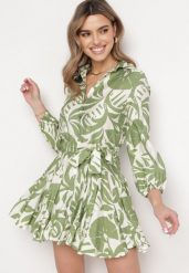 Zielona Rozkloszowana Sukienka Mini z Paskiem Zdobiona Abstrakcyjnym Wzorem Frelia. Zielone sukienki damskie Born2be, l, z aplikacjami, z materiału, bez kołnierzyka, bez ramiączek, mini, koszulowe. W wyprzedaży za 143.99 zł.