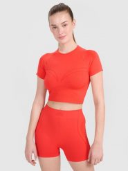 4F Crop-top treningowy slim bezszwowy damski - czerwony XS/S. Czerwone topy damskie 4f, s, bez wzorów, z dzianiny, bez ramiączek. W wyprzedaży za 39.99 zł.