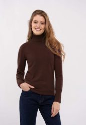 Gładki golf S-JULI. Brązowe golfy damskie Volcano, plus size, bez wzorów, z dzianiny, bez ramiączek. Za 129.99 zł.