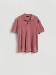Sweter polo z domieszką lnu - brudny róż. Czerwone swetry męskie Reserved, l, bez wzorów, z wiskozy, bez kołnierzyka. Za 129.99 zł.