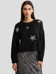 Sweter damski z dodatkiem wełny z aplikacją czarny Starlia 906. Czarne swetry klasyczne damskie Big Star, l, ze skóry, bez kołnierzyka. W wyprzedaży za 99.99 zł.