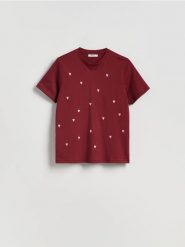 T-shirt regular z drobnym haftem - bordowy. Czerwone t-shirty damskie Reserved, l, bez wzorów, z bawełny, bez kołnierzyka. Za 49.99 zł.