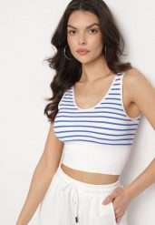 Biało-Niebieski Tank Top w Paski z Prążkowanej Tkaniny Sesillia. Niebieskie topy damskie Born2be, s, bez wzorów, z jeansu, bez kołnierzyka. Za 24.99 zł.