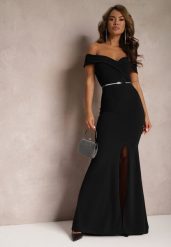 Czarna Taliowana Sukienka Maxi z Rozcięciem Perlina. Czarne sukienki damskie Renee, l, bez wzorów, eleganckie, bez kołnierzyka, bez ramiączek, maxi, rozkloszowane. W wyprzedaży za 125.99 zł.