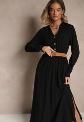 Czarna Wiskozowa Sukienka o Rozkloszowanym Kroju z Paskiem i Rozcięciem Reirissa. Czarne sukienki damskie Renee, na co dzień, l, bez wzorów, z wiskozy, eleganckie, bez kołnierzyka, bez ramiączek, maxi, rozkloszowane. W wyprzedaży za 127.99 zł.