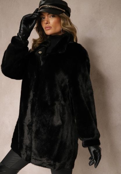 Czarny Płaszcz z Futerka o Prostym Kroju ze Stójką i Kieszeniami Saliratia. Czarne płaszcze damskie Renee, l, bez wzorów, biznesowe. Za 299.99 zł.