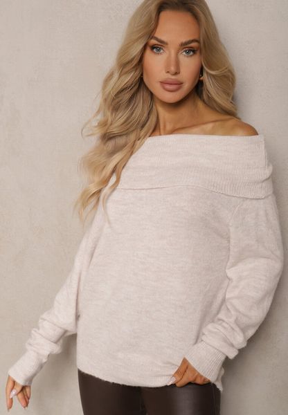 Beżowy Sweter z Wiskozą i Wełną Ozdobiony Wywiniętym Dekoltem Ravarienne. Brązowe swetry klasyczne damskie Renee, m, z jeansu, bez kołnierzyka. Za 79.99 zł.