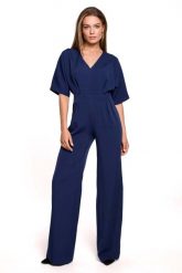 Elegancki Kombinezon z Szerokimi Nogawkami - Granatowy. Niebieskie kombinezony damskie MOE, l, bez wzorów, z elastanu, eleganckie, bez kołnierzyka, bez ramiączek. Za 288.90 zł.