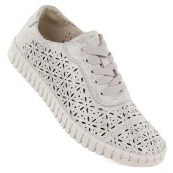 Półbuty damskie ażurowe złote Potocki JE19437. Żółte półbuty damskie POTOCKI, w ażurowe wzory, ze skóry ekologicznej, bez obcasa. Za 199.99 zł.