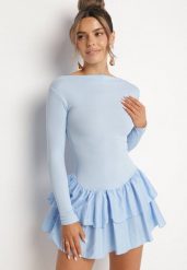 Niebieska Rozkloszowana Sukienka z Długim Rękawem i Falbanką Reonaria. Niebieskie sukienki damskie Born2be, na co dzień, bez wzorów, eleganckie, bez kołnierzyka, bez ramiączek, mini, rozkloszowane. W wyprzedaży za 87.99 zł.