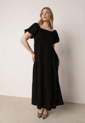 Czarna Wiskozowa Sukienka z Bufiastymi Rękawami i Marszczoną Górą Liones. Czarne sukienki damskie Born2be, na co dzień, na lato, uniwersalny, bez wzorów, z jeansu, wakacyjne, bez kołnierzyka, bez ramiączek, maxi, proste. Za 89.99 zł.