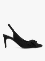 Welurowe czółenka typu slingback z kokardą. Czarne czółenka damskie Brawo sp. z o.o., bez wzorów, z gumy, bez obcasa, na szpilce. Za 379.99 zł.