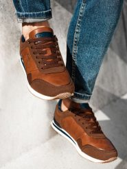 Buty męskie sneakersy - brązowe V1 - Rozmiar: 40. Brązowe buty sportowe na co dzień męskie Ombre Clothing, z materiału, bez zapięcia, trekkingowe. W wyprzedaży za 79.99 zł.