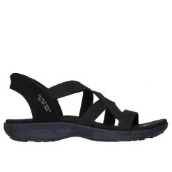 Sandały damskie Skechers Reggae Slim Stretch Flex. Czarne sandały damskie Skechers, bez wzorów, z materiału, bez obcasa. Za 299.99 zł.