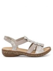 Rieker Sandały 62850-90 Beżowy. Brązowe sandały damskie Rieker, bez wzorów, z syntetyku, bez obcasa, na płaskiej podeszwie. Za 289.99 zł.