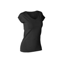 Koszulka do dynamicznej jogi damska. Czarne t-shirty damskie DOMYOS, m, bez wzorów, z materiału, bez kołnierzyka. Za 79.99 zł.