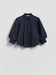 Koszula z bufiastymi rękawami - granatowy. Niebieskie koszule damskie Reserved, l, bez wzorów, z bawełny, bez kołnierzyka, bez ramiączek. Za 139.99 zł.