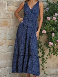 Sukienka maxi z falbanką w kropki - granatowy. Niebieskie sukienki damskie Sinsay, l, bez wzorów, bez kołnierzyka, bez ramiączek, maxi. Za 59.99 zł.