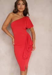 Czerwona Asymetryczna Sukienka Bodycon z Falbanami na Jedno Ramię Imelia. Czerwone sukienki damskie Renee, na imprezę, l, bez wzorów, z asymetrycznym kołnierzem, bez ramiączek, midi, asymetryczne. W wyprzedaży za 95.99 zł.