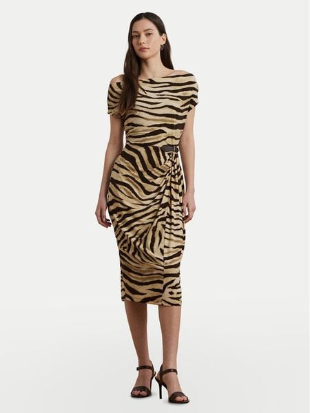 LAUREN RALPH LAUREN Sukienka koktajlowa 200973604001 Beżowy Slim Fit. Brązowe sukienki damskie Lauren Ralph Lauren, bez wzorów, z syntetyku, wizytowe, bez kołnierzyka, bez ramiączek. Za 779.00 zł.