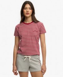 Superdry Dopasowana koszulka w paski z logo Essential – Bordeaux Red Stripe. Czerwone t-shirty damskie Superdry., bez wzorów, z bawełny, bez ramiączek. Za 129.40 zł.