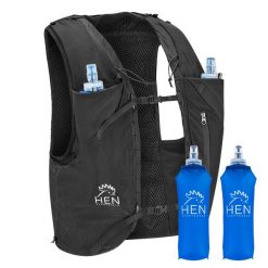 Plecak trekkingowy – z 2 butelkami na wodę o pojemności 500 ml. Czarne plecaki damskie HEN SPORTSGEAR, bez wzorów. Za 49.99 zł.