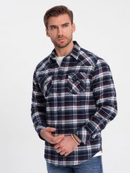 Męska flanelowa koszula w kratę z kieszeniami - granatowo-czerwona V2 OM-SHCS-0149 - L. Czerwone koszule męskie Ombre Clothing, l, bez wzorów, z bawełny, bez kołnierzyka, bez ramiączek. W wyprzedaży za 79.99 zł.